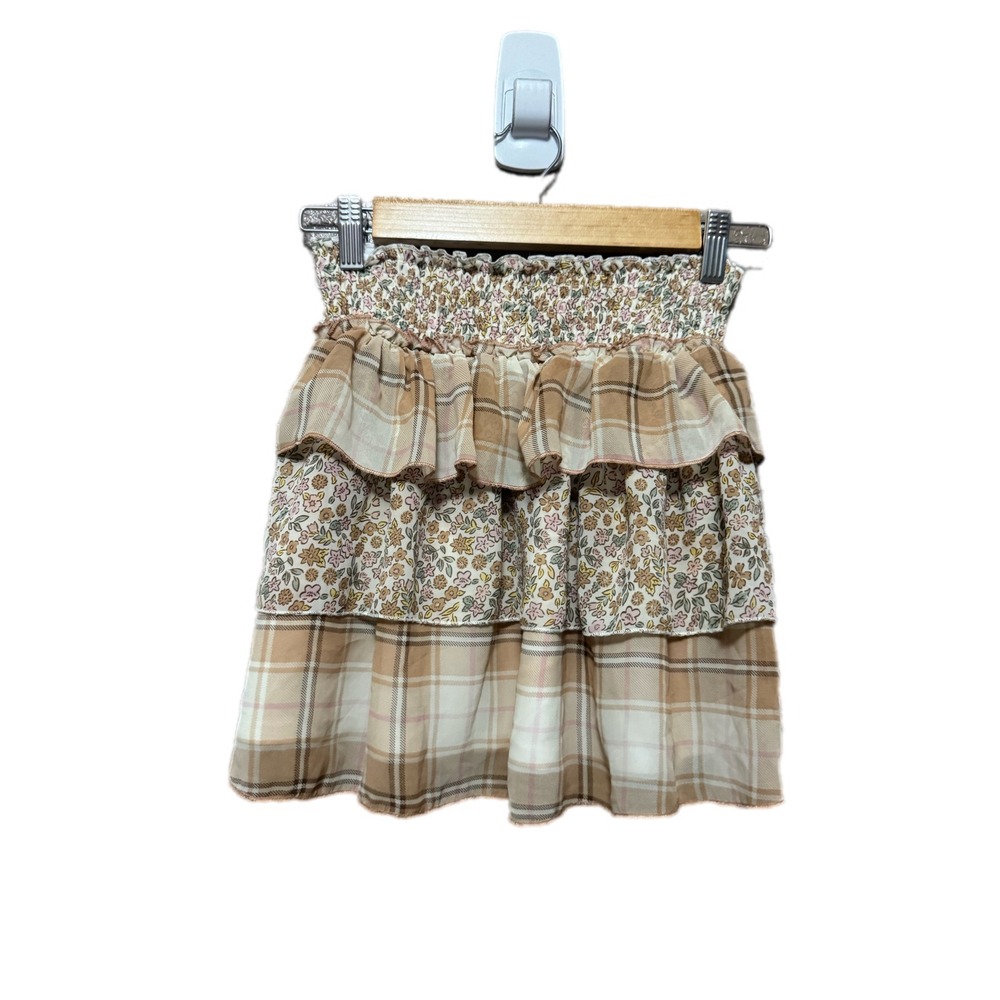 btween Ruffle Skirt Kids Size 10 Tan Excellent Floral Plaid Smocked Tiered